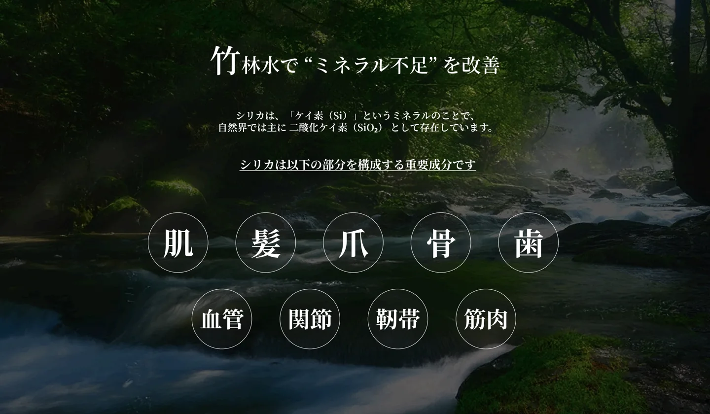 竹林水でミネラル不足を改善。シリカは肌・髪・爪・骨・歯・血管・関節・靭帯・筋肉を構成する重要成分